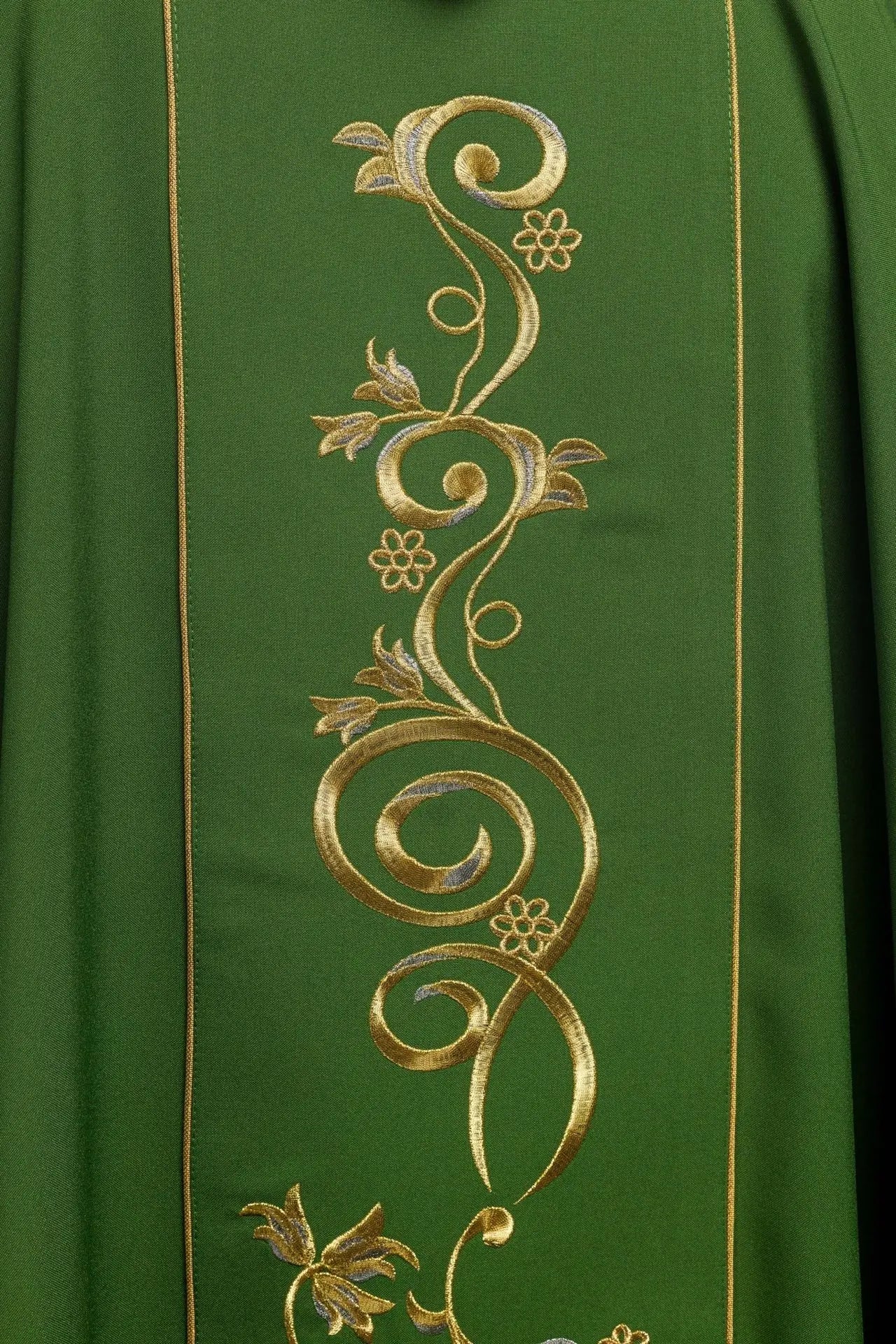 Richly decorated green chasuble with gold motif and wide IHS band