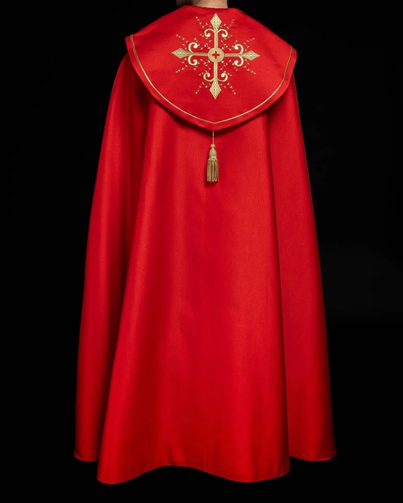 Red liturgical cope with gold crosses embroidery