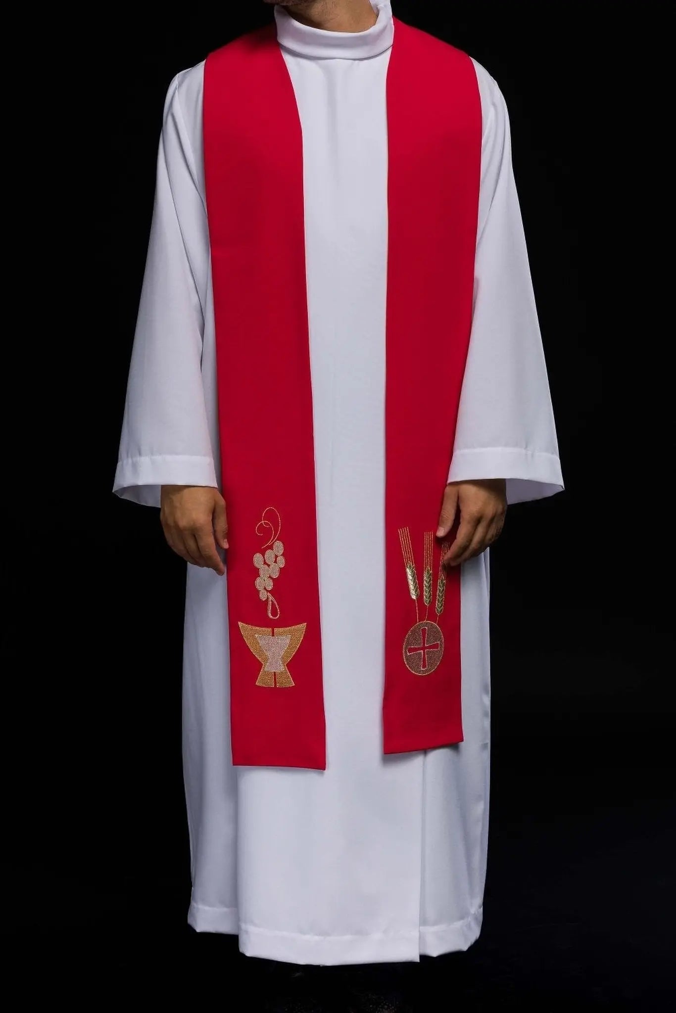 Red priestly stole with Chalice, Wheat, and Grapes embroidery