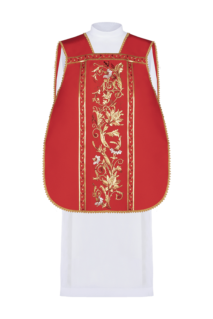Czerwony ornat rzymski haftowany z motywem IHS