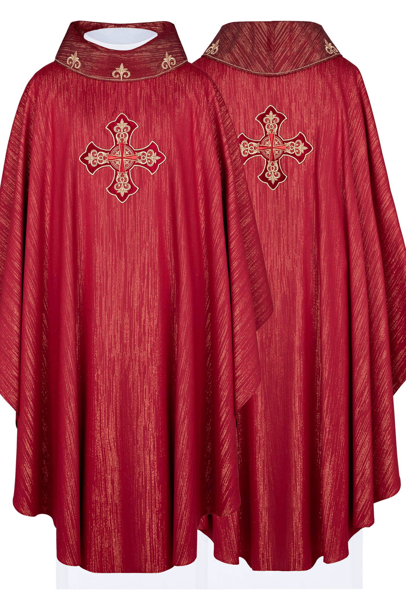 Casulla roja con cruz ricamente bordada y cuello decorado
