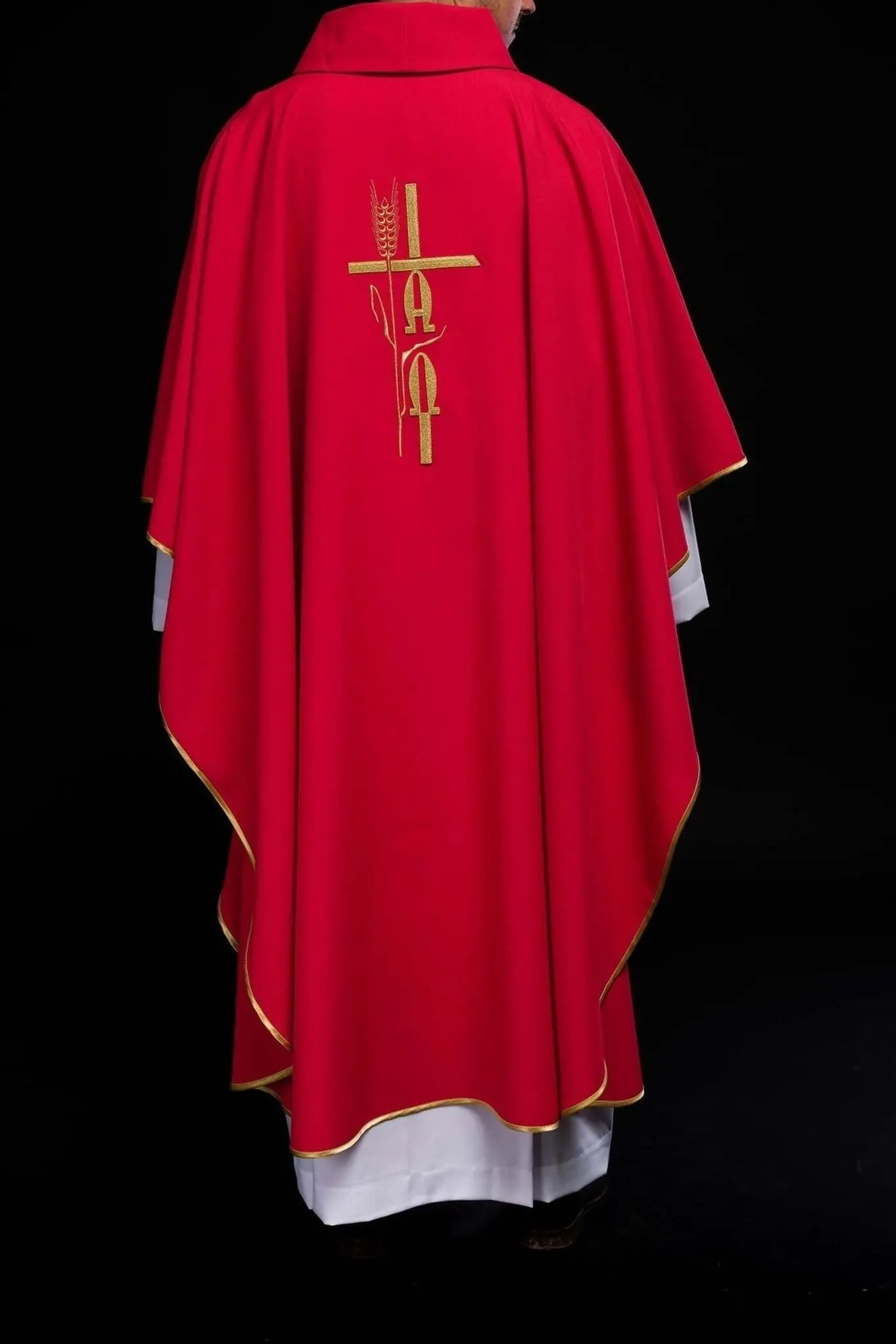 Red chasuble with Alpha Omega embroidery