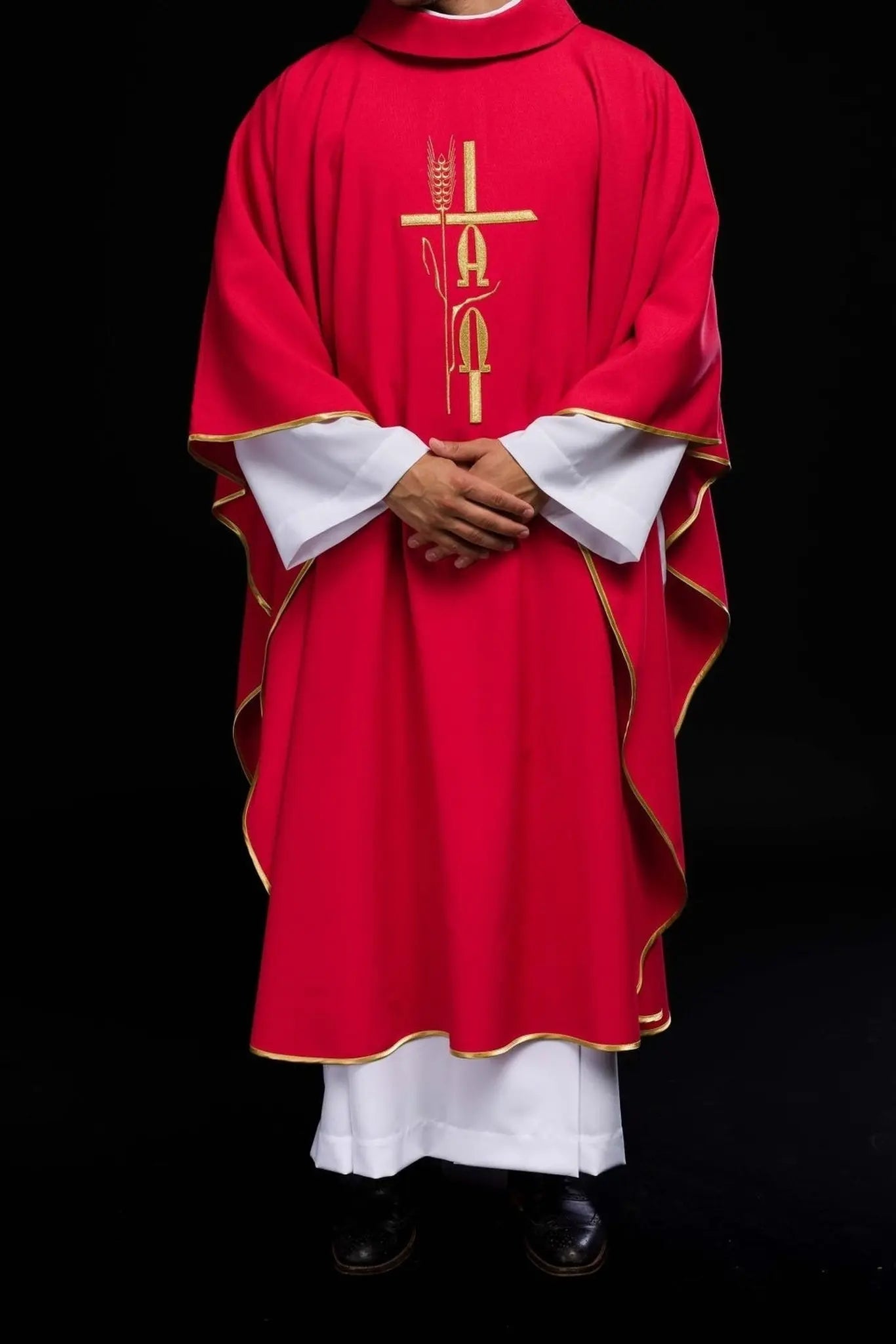 Red chasuble with Alpha Omega embroidery