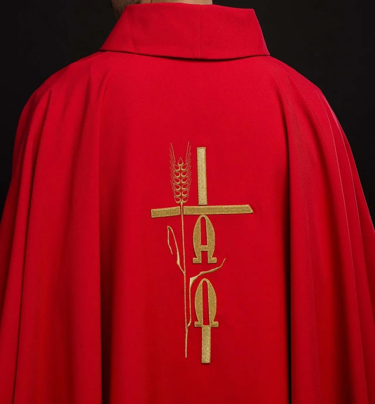 Red chasuble with Alpha Omega embroidery