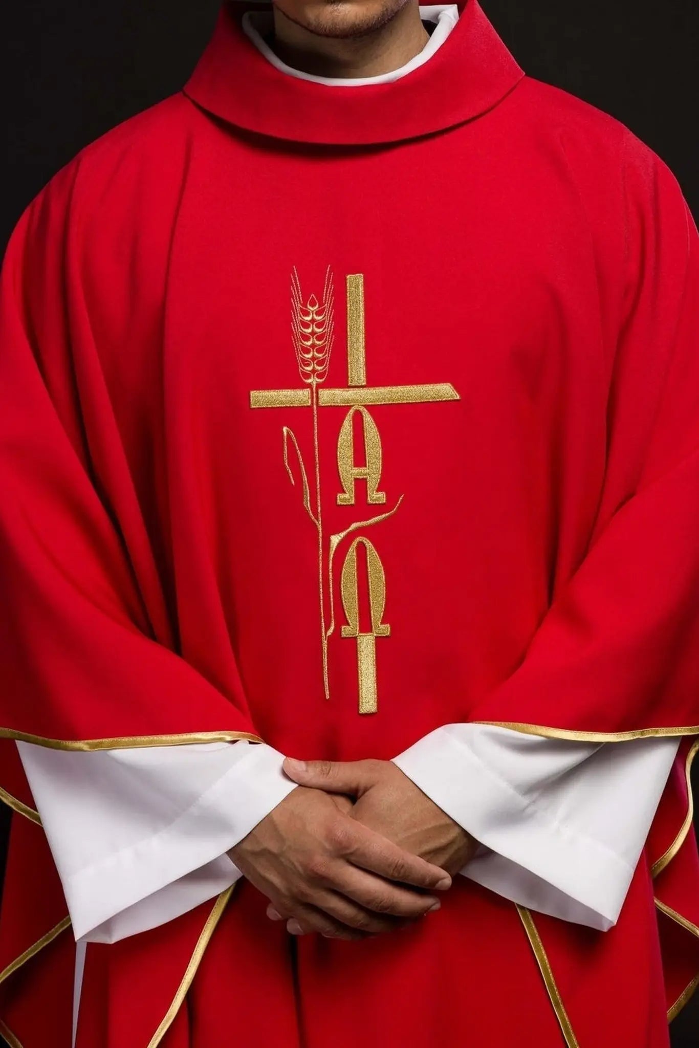 Red chasuble with Alpha Omega embroidery