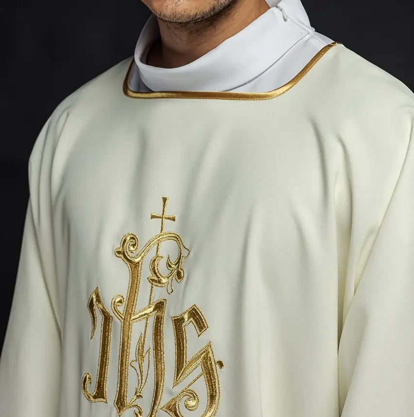 Dalmatics with IHS embroidery in ecru