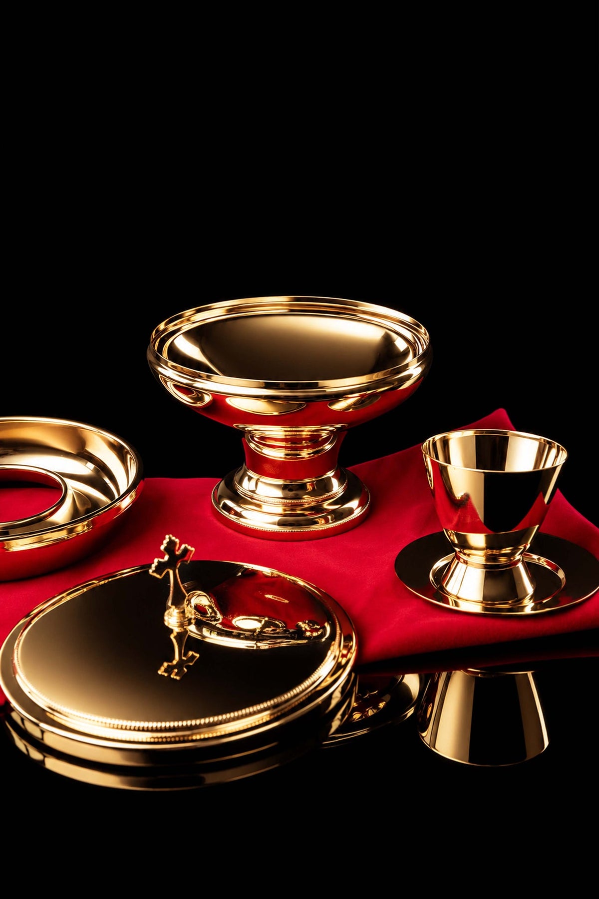 Gold-plated brass ciborium with cross finial and open cup, grouped view