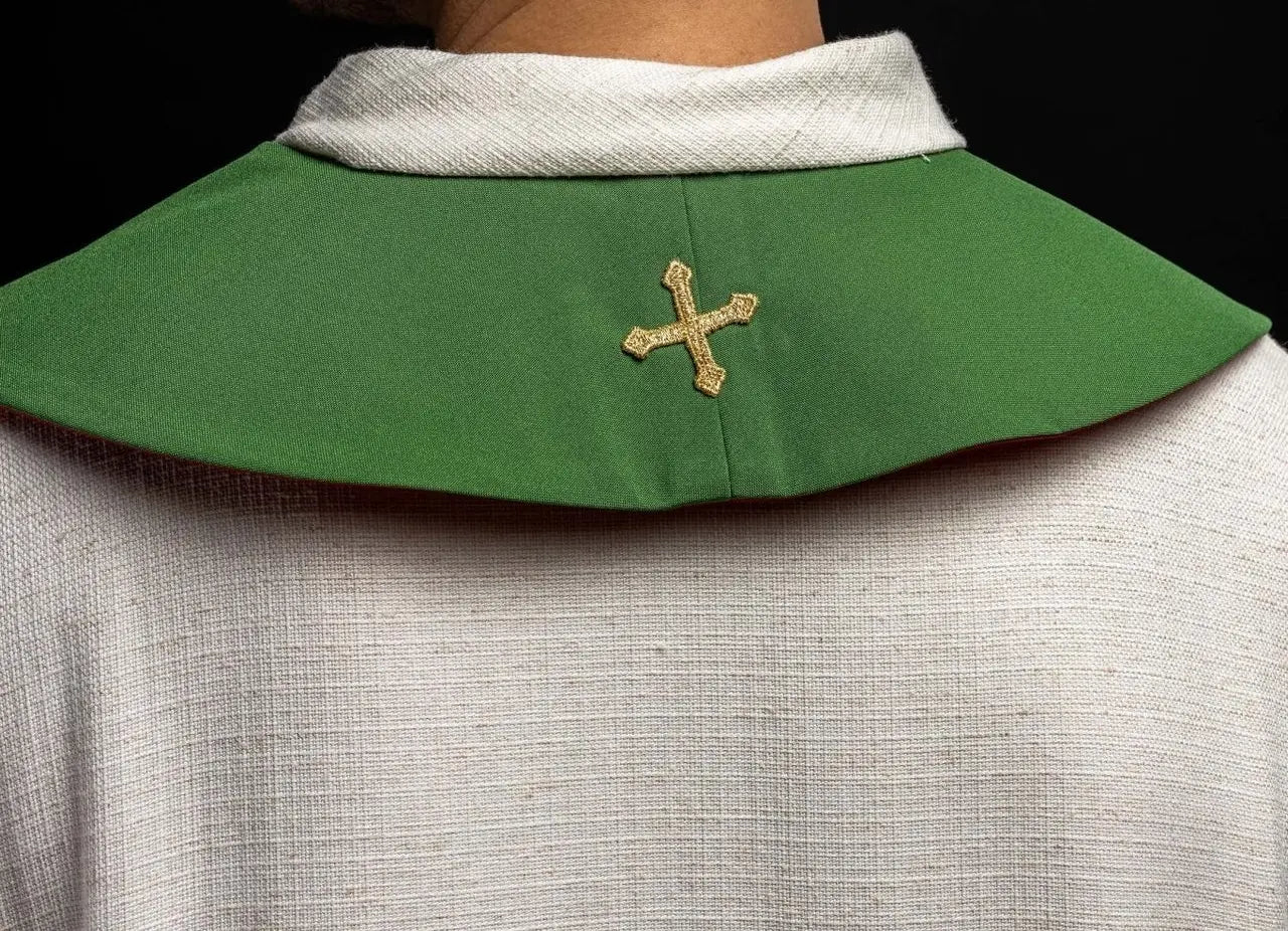 Two-sided embroidered priest's stole green and red Jerusalem cross