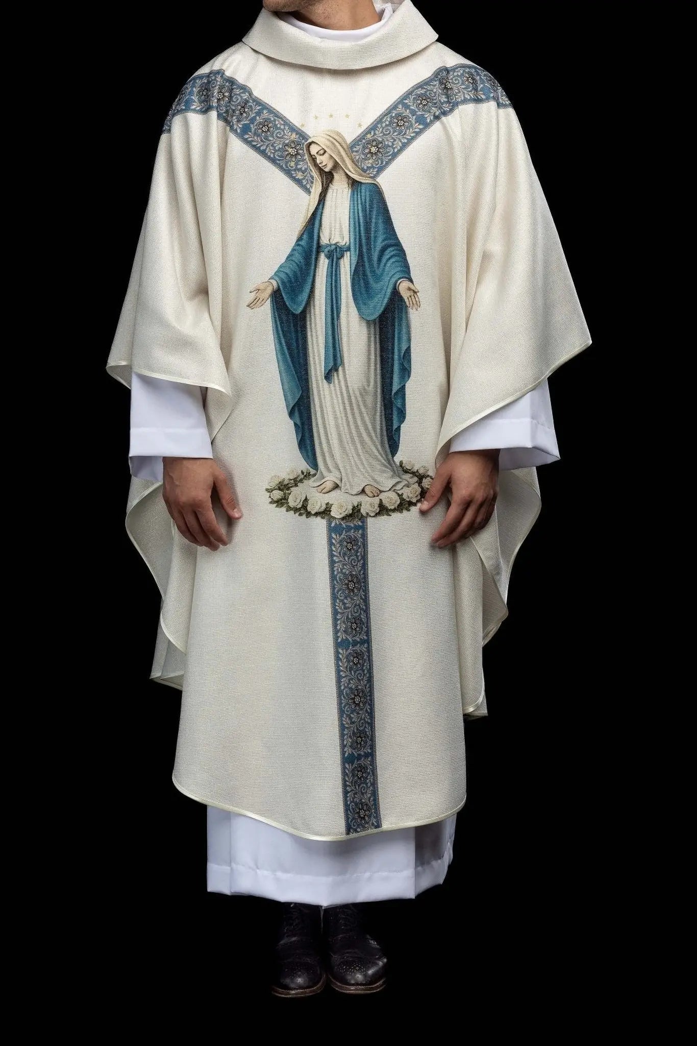 Ecru Chasuble with Printed Image of the Immaculate Conception - HAFTINA ATELIER
