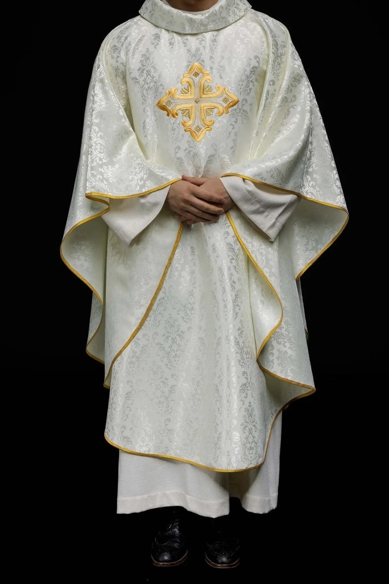 Ecru Chasuble with Cross, Made from Patterned Fabric