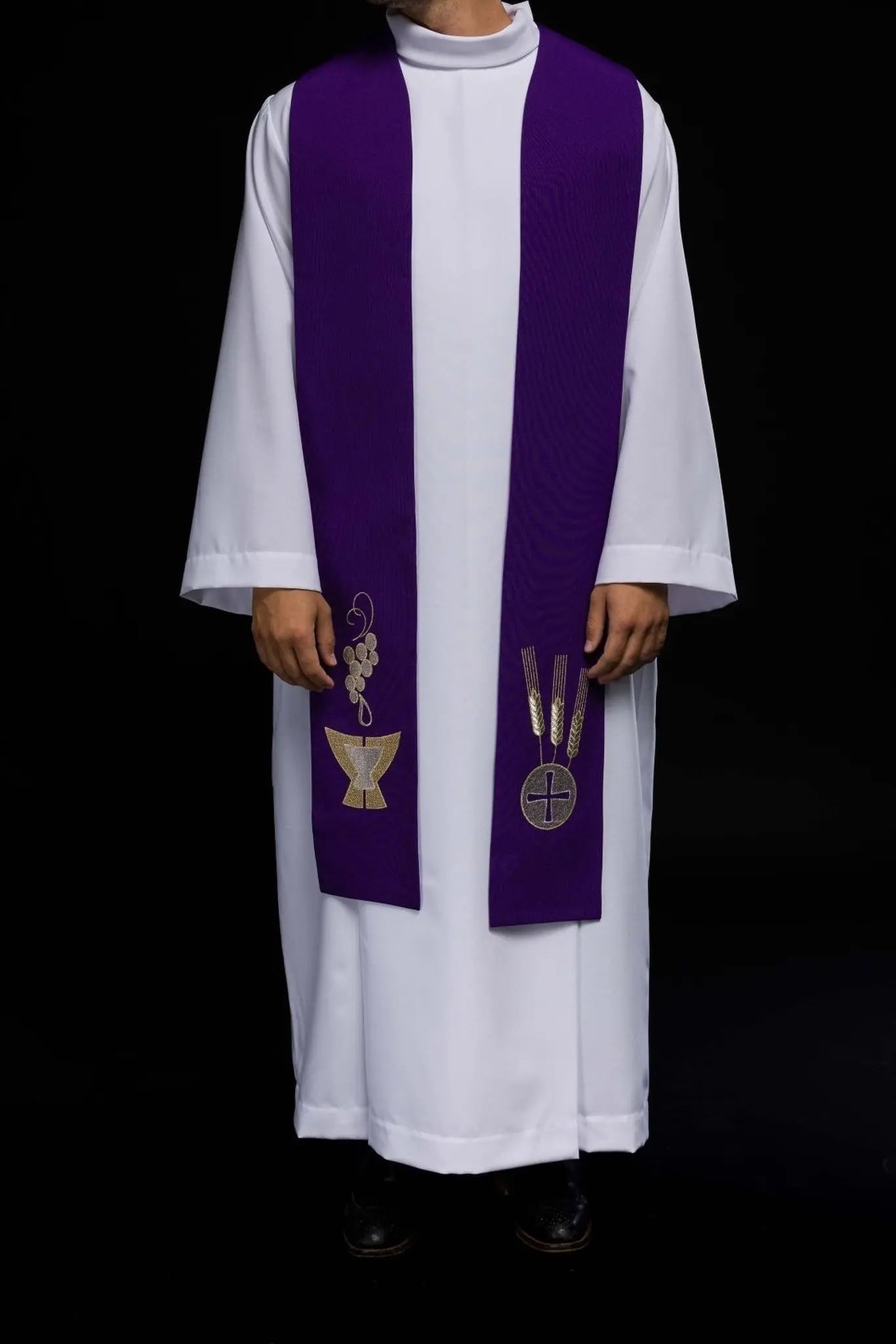 Estola de sacerdote púrpura bordada Cáliz, Espinas y Uvas