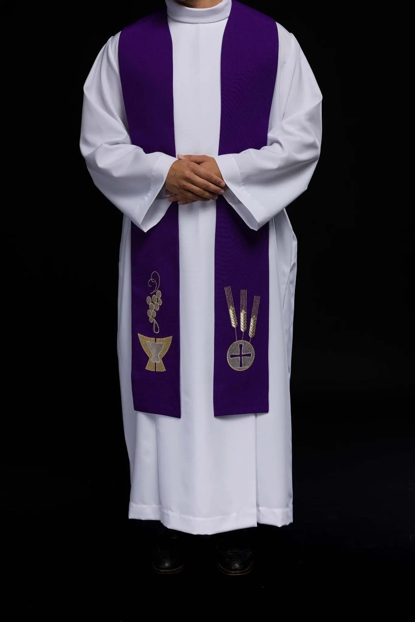 Estola de sacerdote púrpura bordada Cáliz, Espinas y Uvas