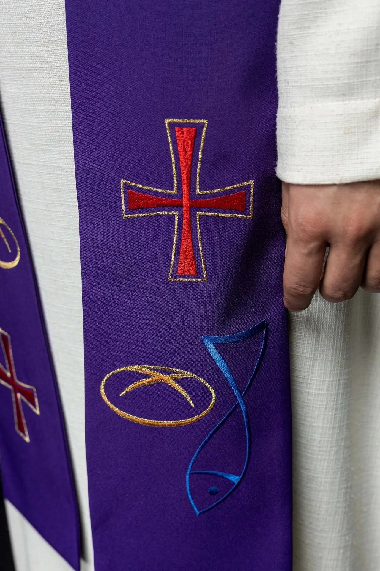 Purple embroidered priest's stole Fish Bread Cross