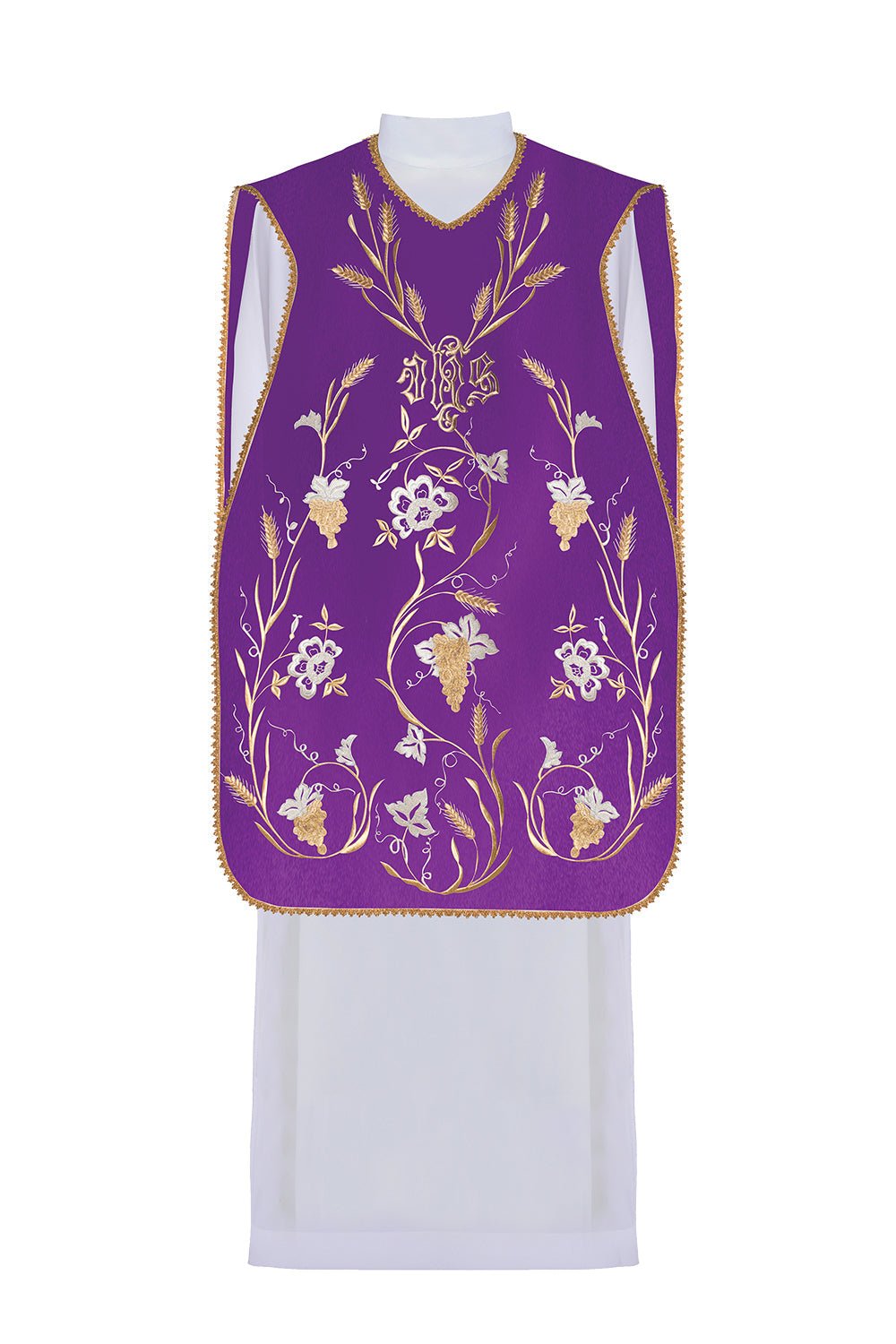Fioletowy ornat rzymski z motywem IHS, kłosów i winogron
