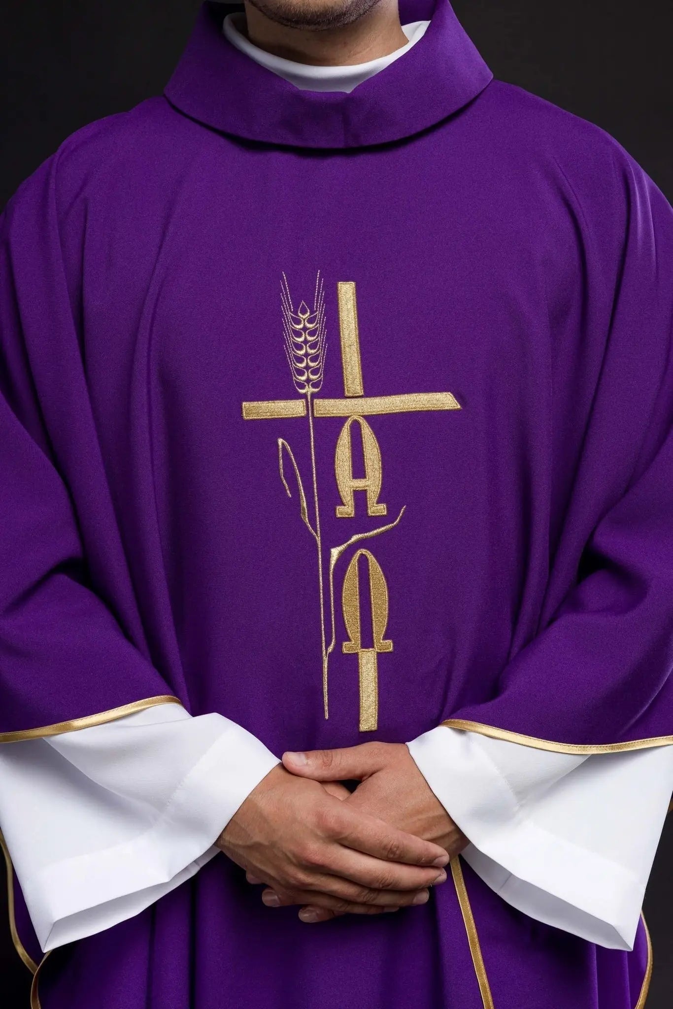 Purple chasuble with Alpha Omega embroidery