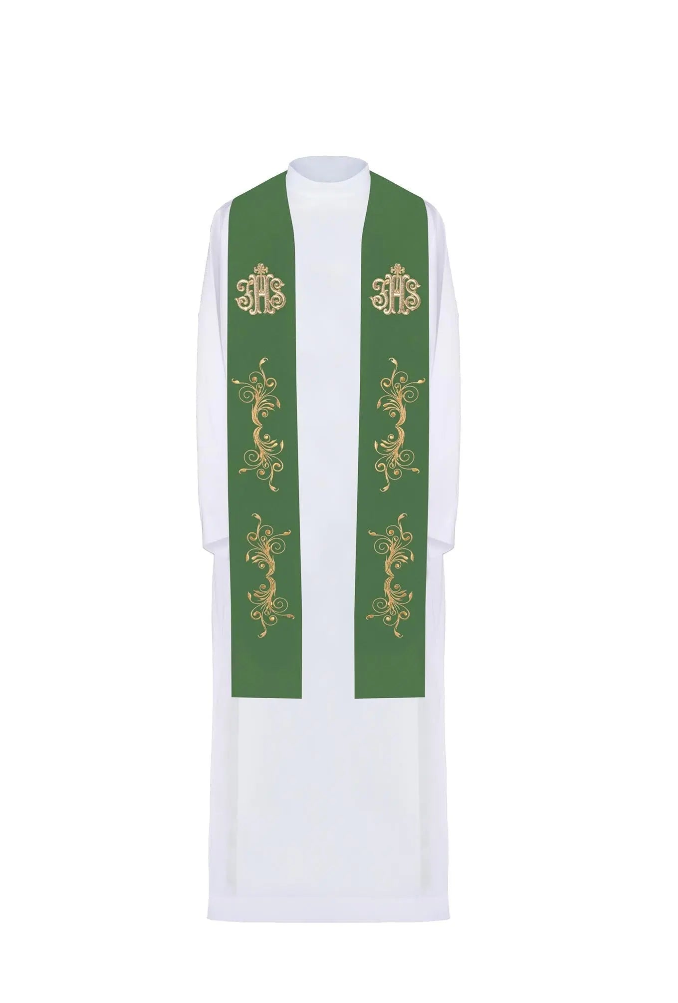 Green embroidered priest's stole IHS - HAFTINA ATELIER