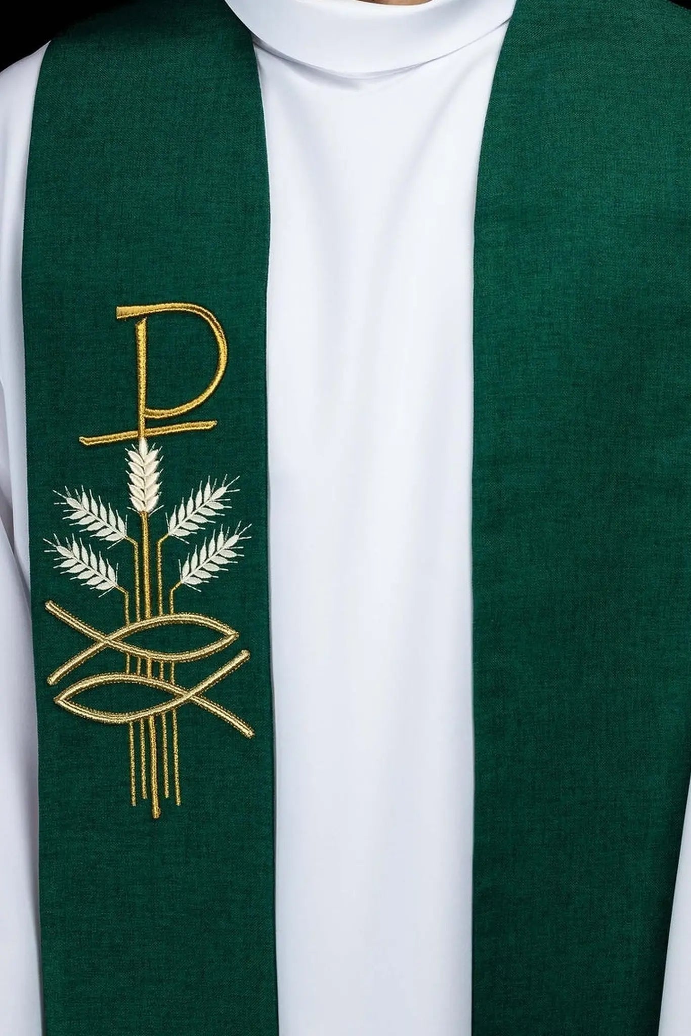 Green Stole with Pax Fish and Wheat Embroidery - HAFTINA ATELIER