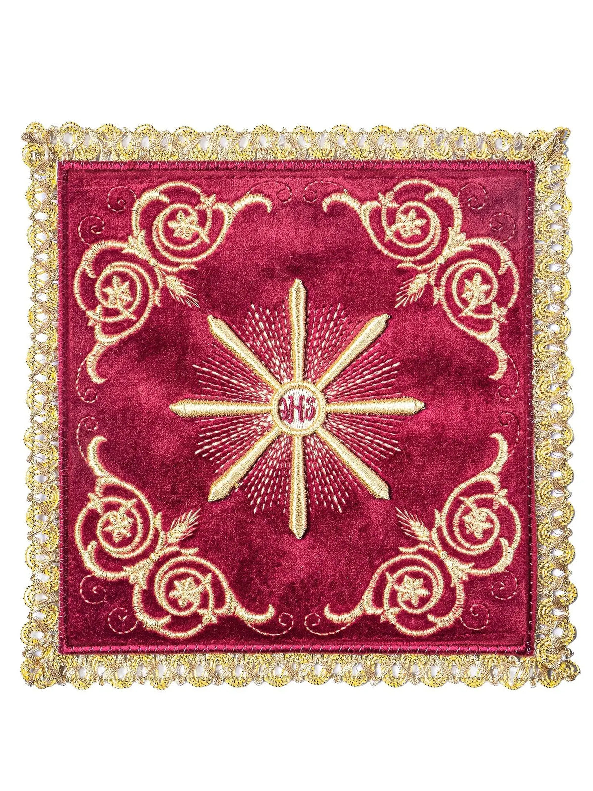 Juego de altar con bordado eucarístico dorado, vista frontal de la palia roja
