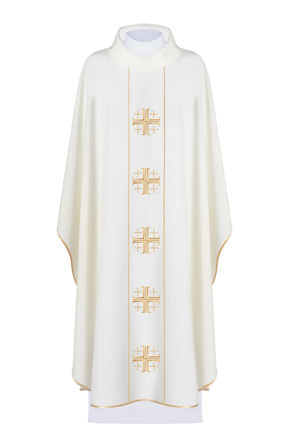 Casulla marfil con galón central bordado con Cruces de Jerusalén, vista frontal