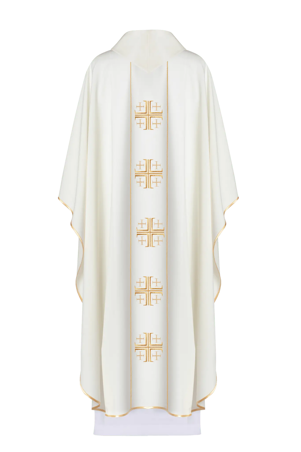 Casulla marfil con Cruces de Jerusalén bordadas, vista posterior