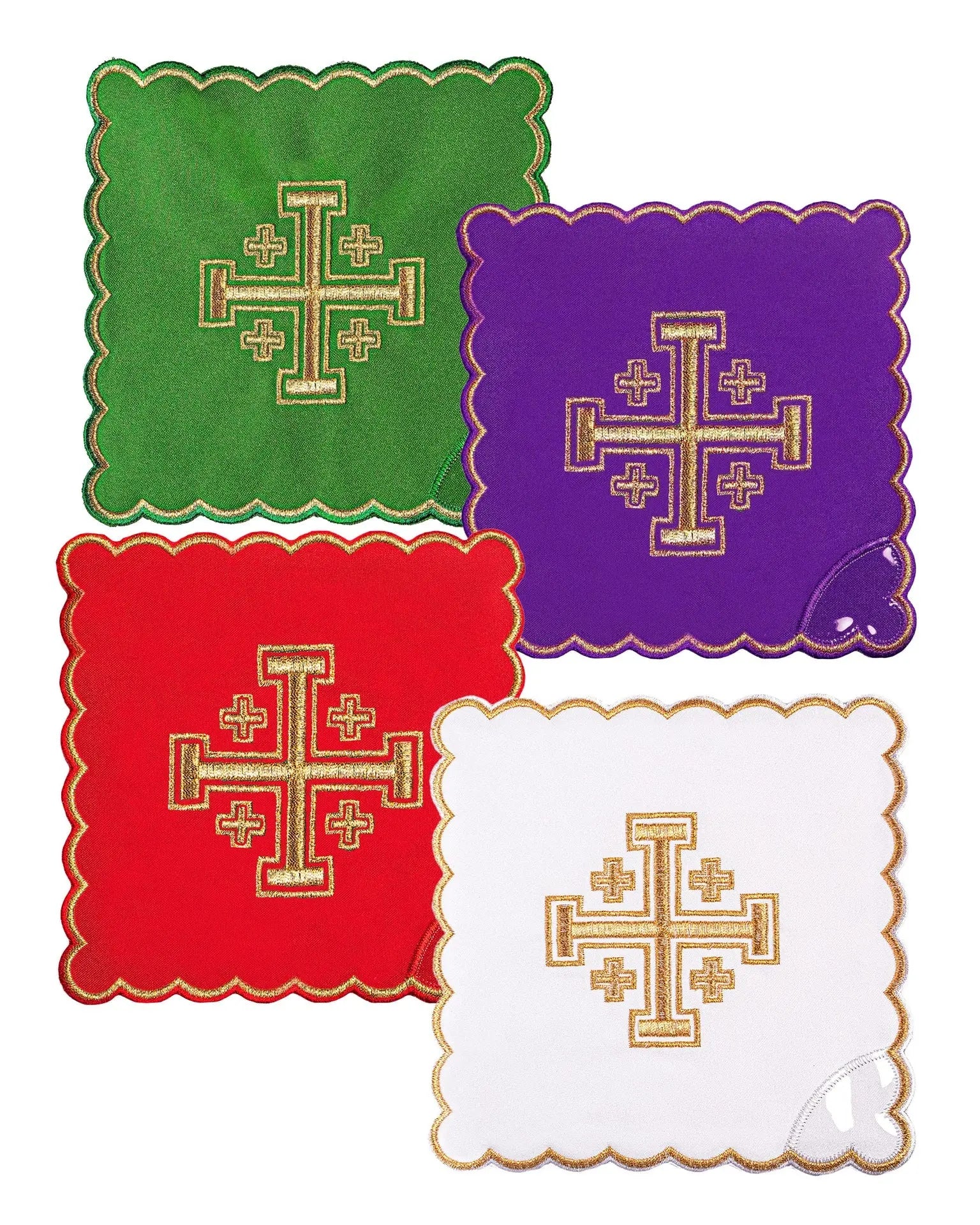 Juego de Corporales para Cáliz con Cruz de Jerusalén Bordada en Cuatro Colores Litúrgicos