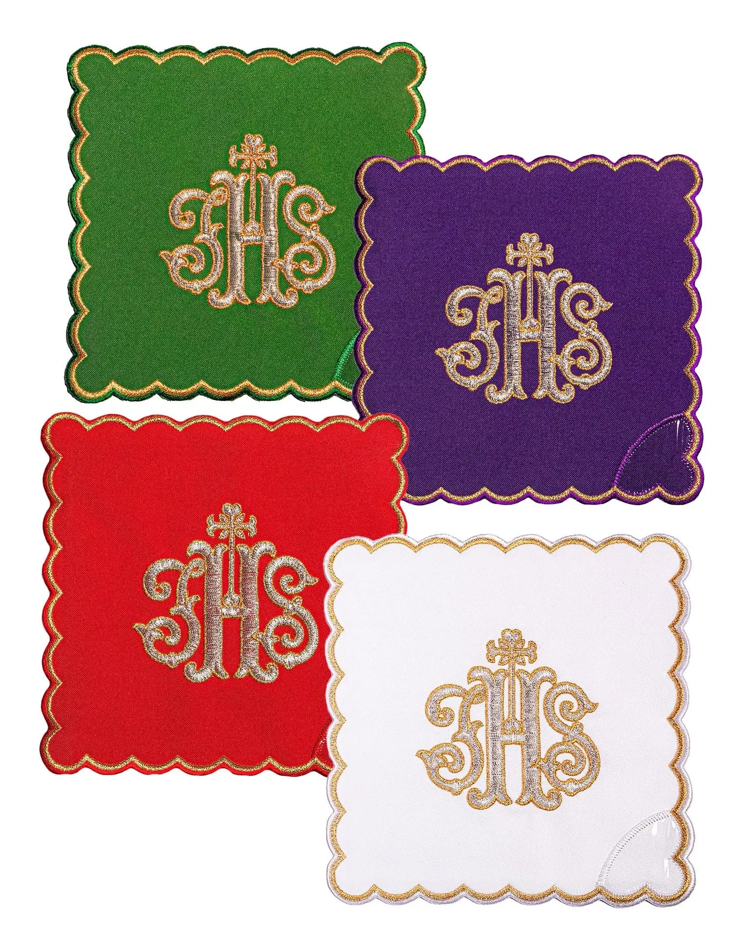 Juego de Corporales para Cáliz con Símbolo IHS Bordado en Cuatro Colores Litúrgicos