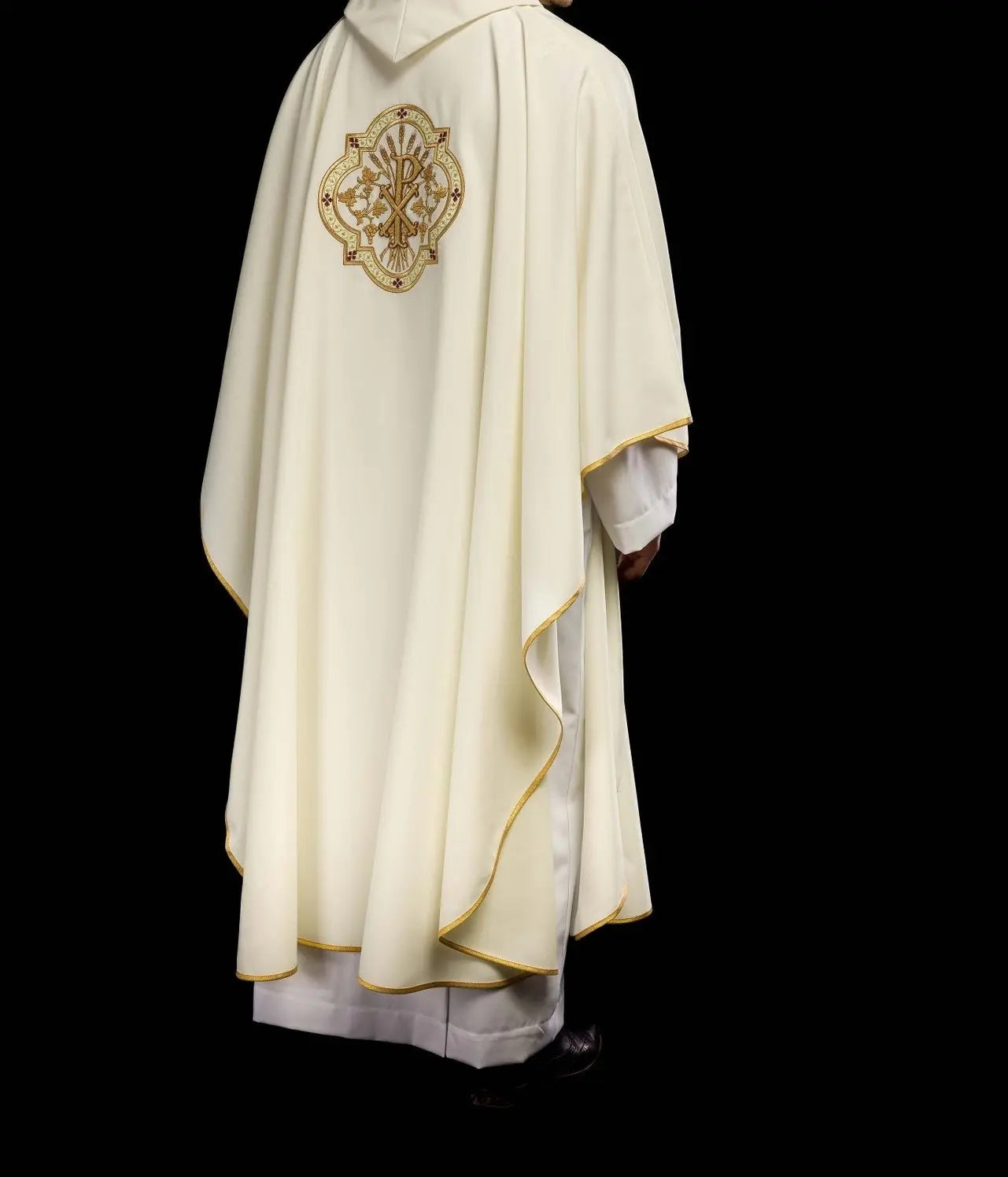 Cream chasuble with IHS and PAX embroidery