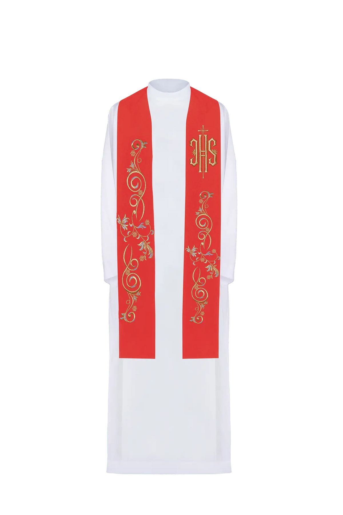 Estola sacerdotal roja con bordado IHS, motivos florales y vista frontal