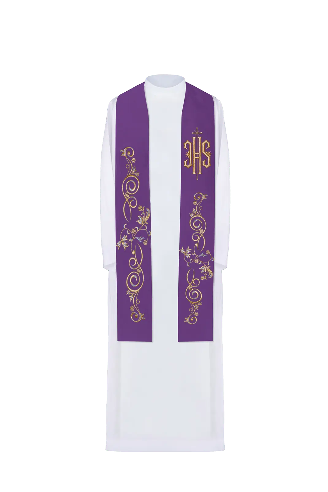 Morado estola sacerdotal con el símbolo IHS y motivos florales en bordado, vista frontal