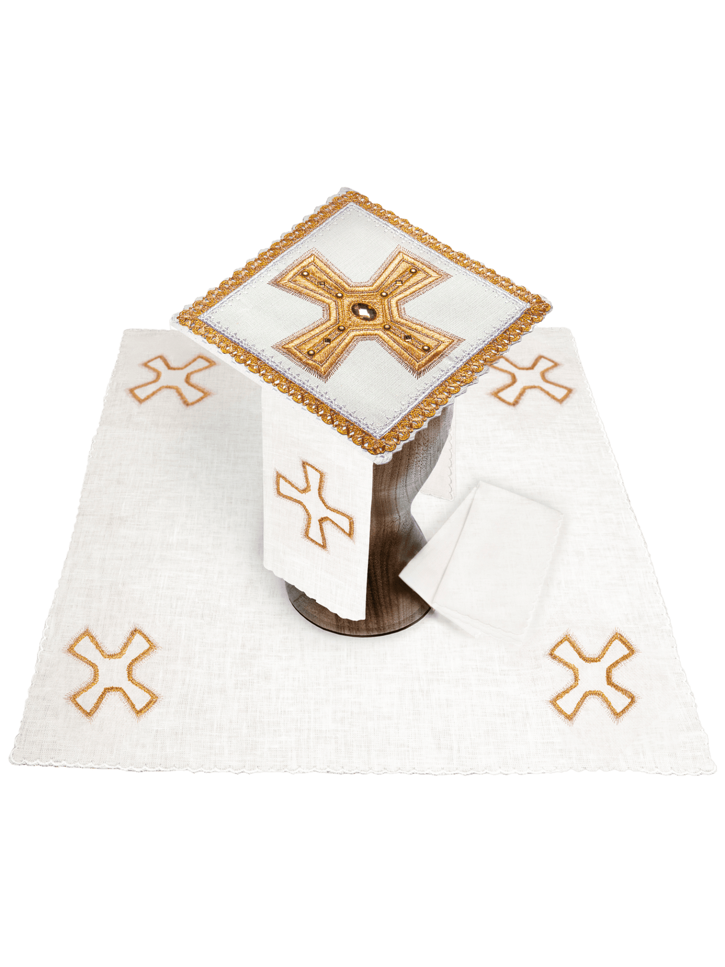 Lniana bielizna kielichowa bogato haftowana z kamieniami