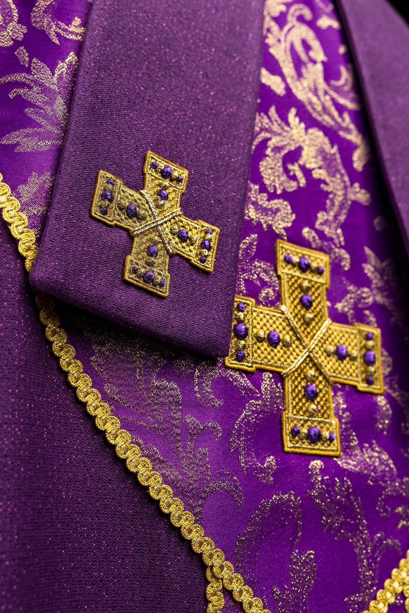 Purple mitre with embroidered cross and jacquard fabric