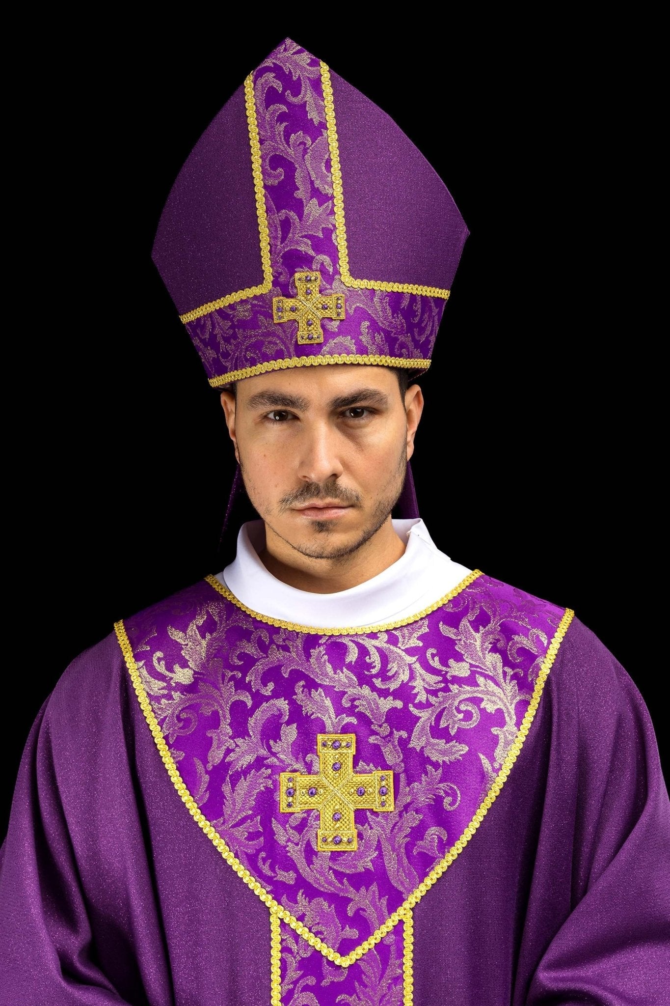 Purple mitre with embroidered cross and jacquard fabric