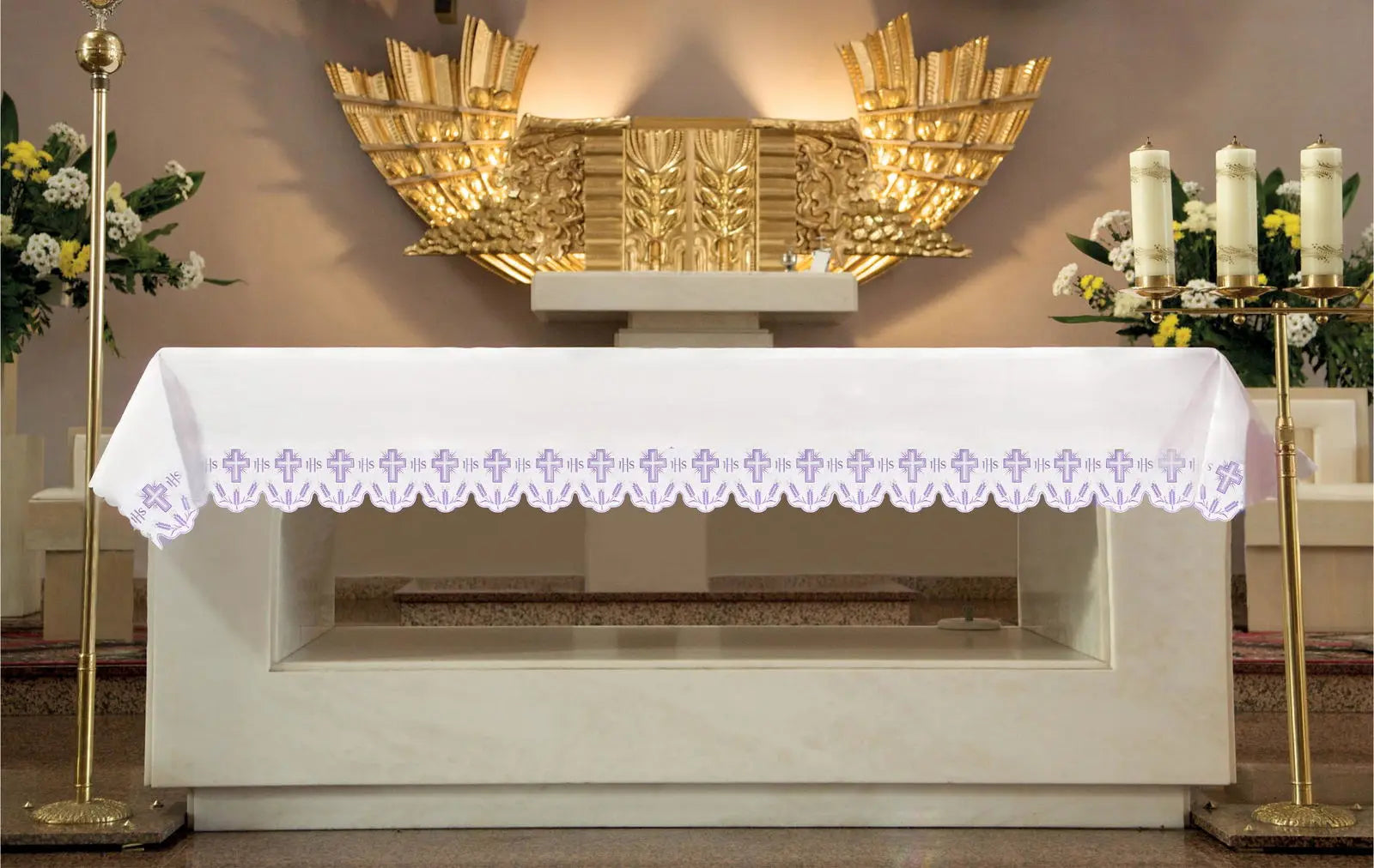 Altar tablecloth with embroidered crosses purple trim