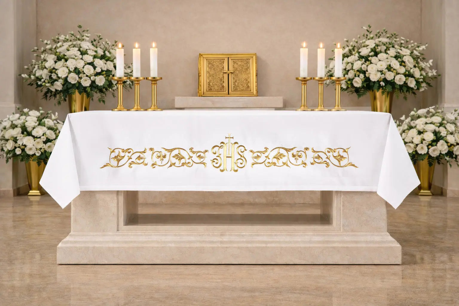 Altar Cloth with Gold Marian Monogram Embroidery