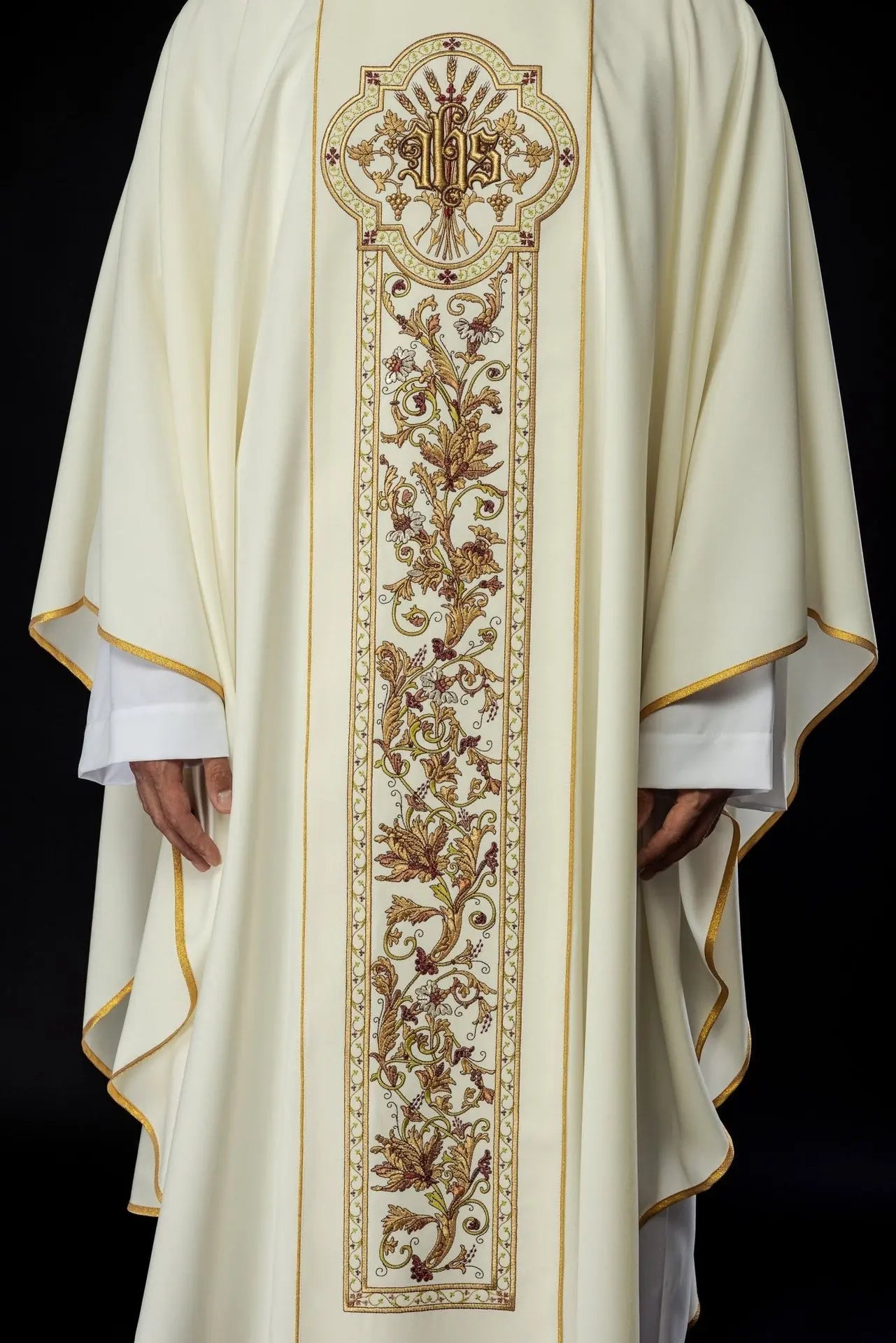 Richly decorated chasuble with IHS motif in ecru colour