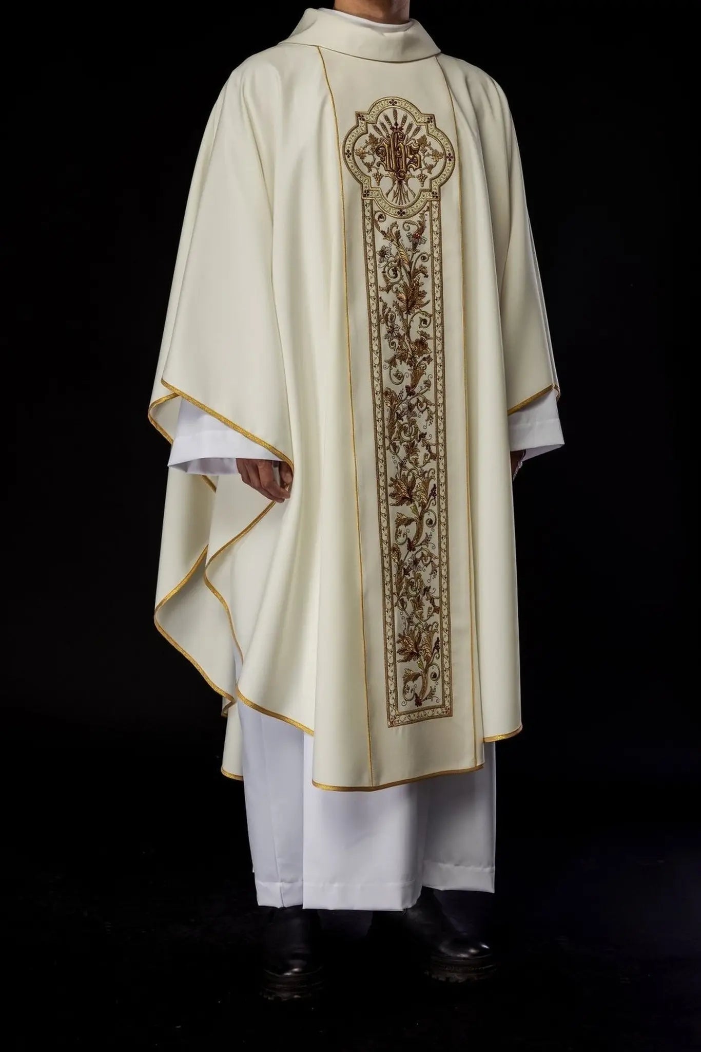 Richly decorated chasuble with IHS motif in ecru colour