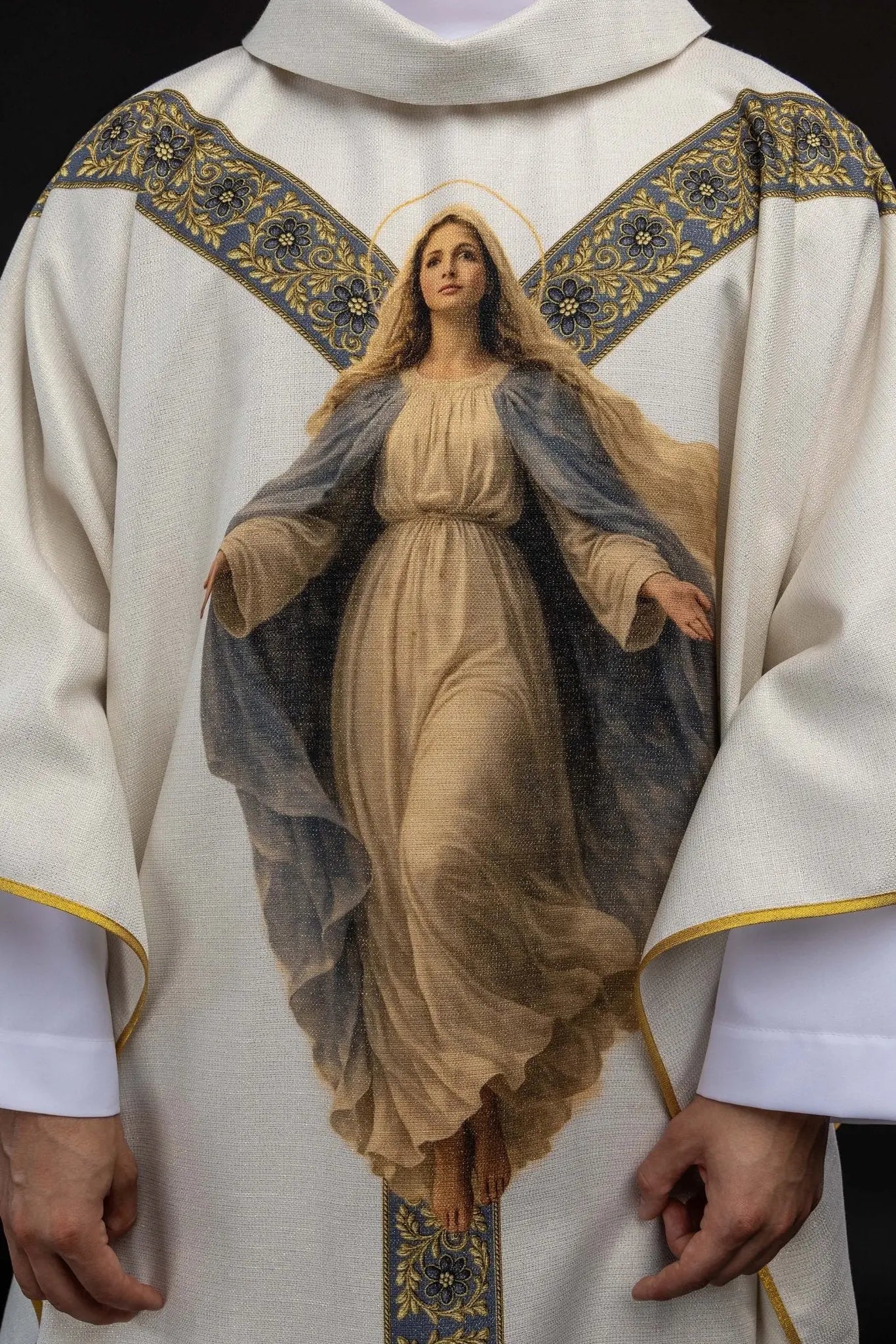 Ecru chasuble with printed image of Our Lady of the Assumption