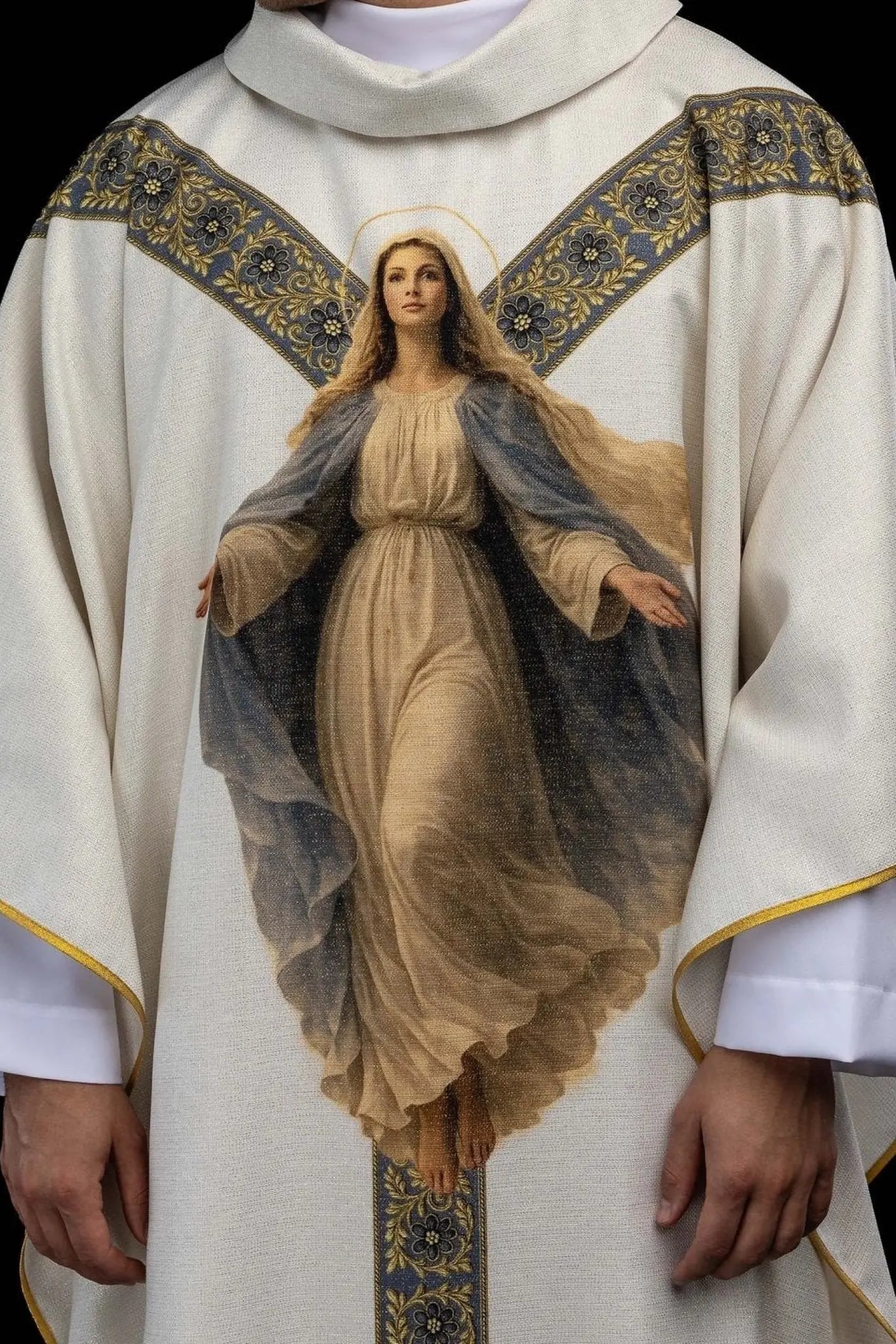 Ecru chasuble with printed image of Our Lady of the Assumption