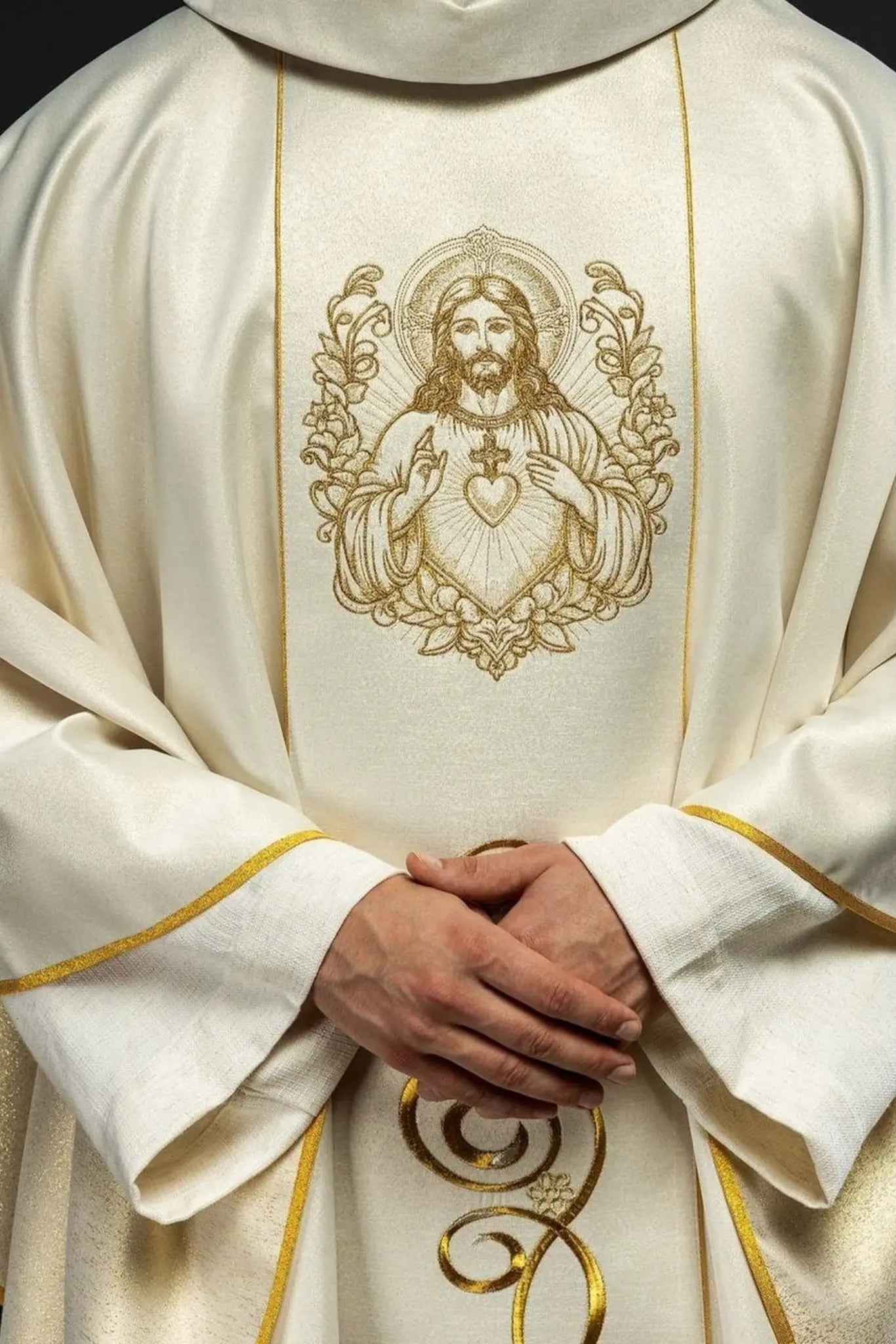 Casulla ecru con la imagen del Sagrado Corazón de Jesús