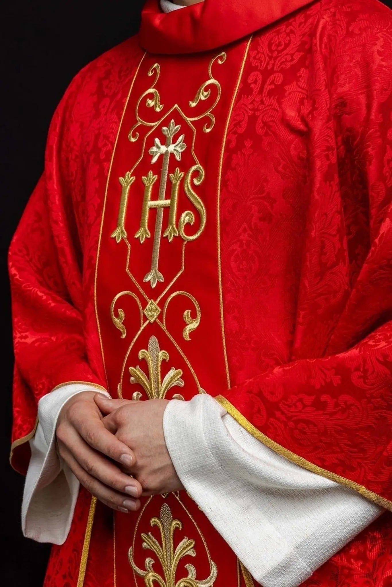 IHS Embroidered Chasuble Red with Decorated Fabric