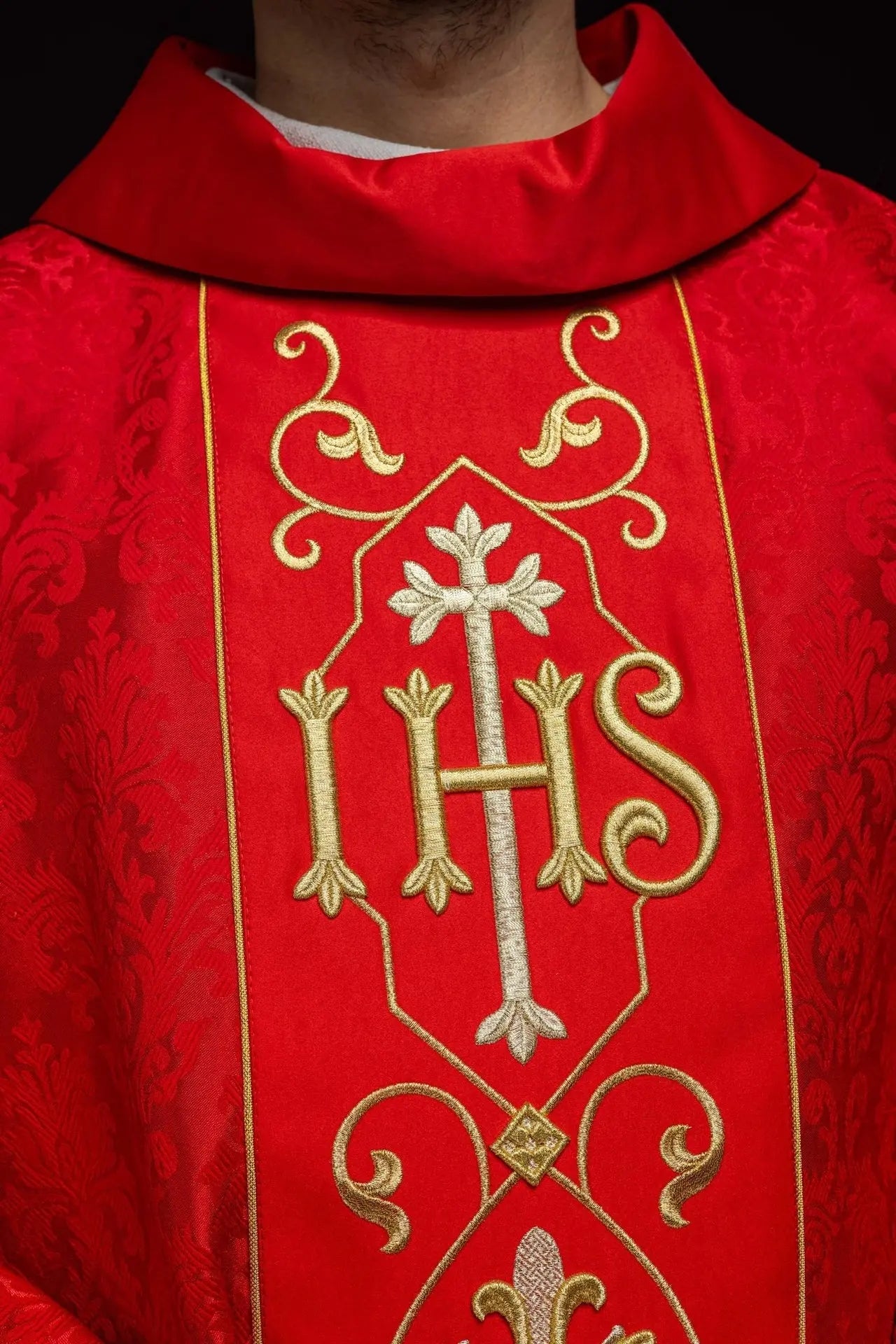 IHS Embroidered Chasuble Red with Decorated Fabric
