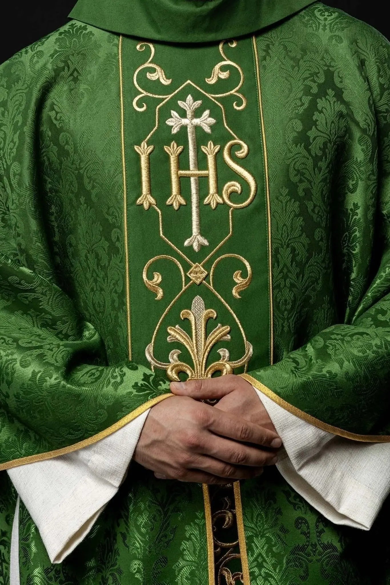 Embroidered chasuble IHS Green Decorative Fabric