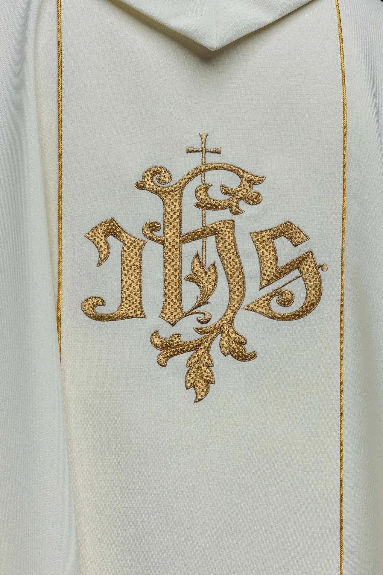 Embroidered chasuble of Merciful Jesus and IHS ecru