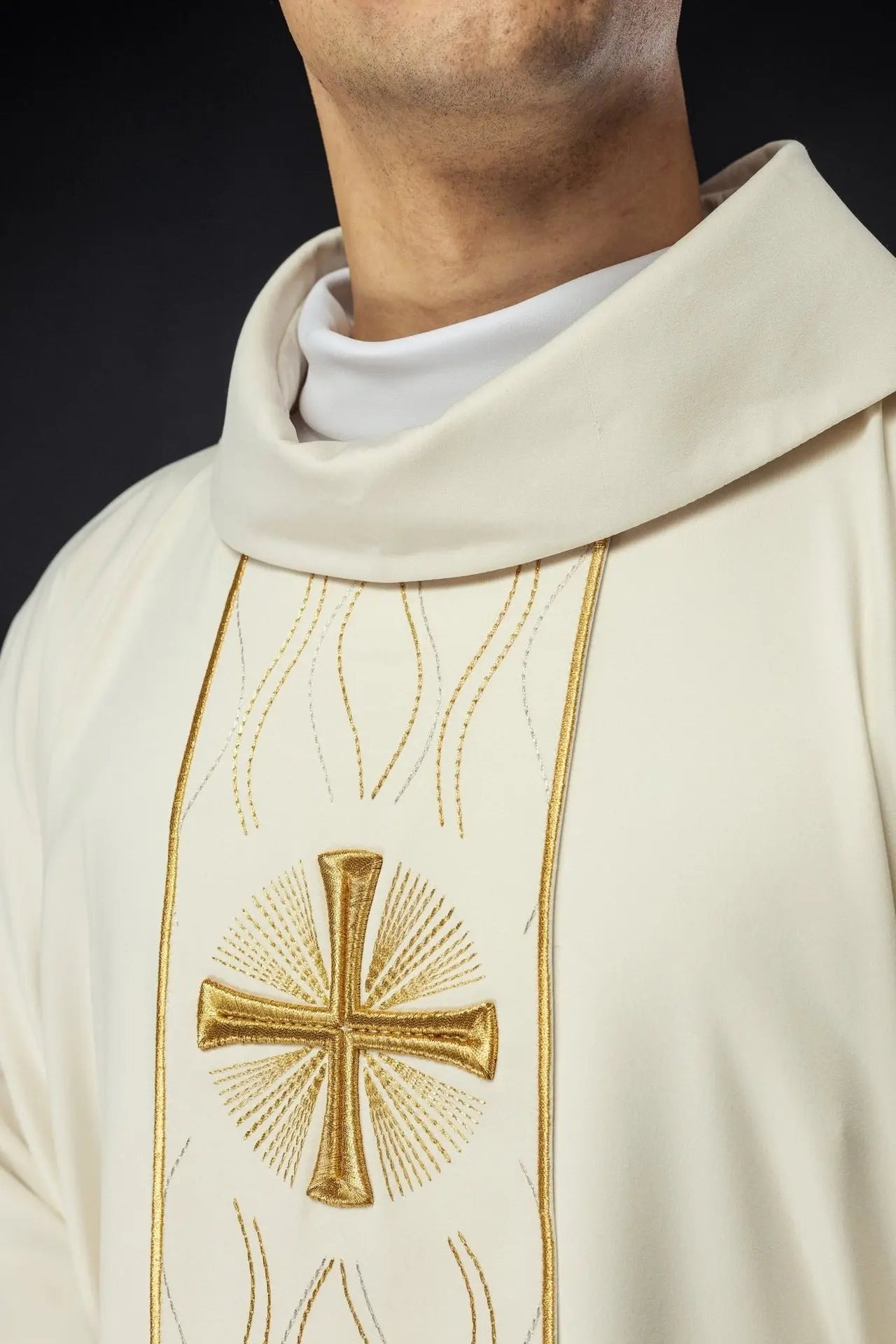 Embroidered Ecru Chasuble with Cross Motif