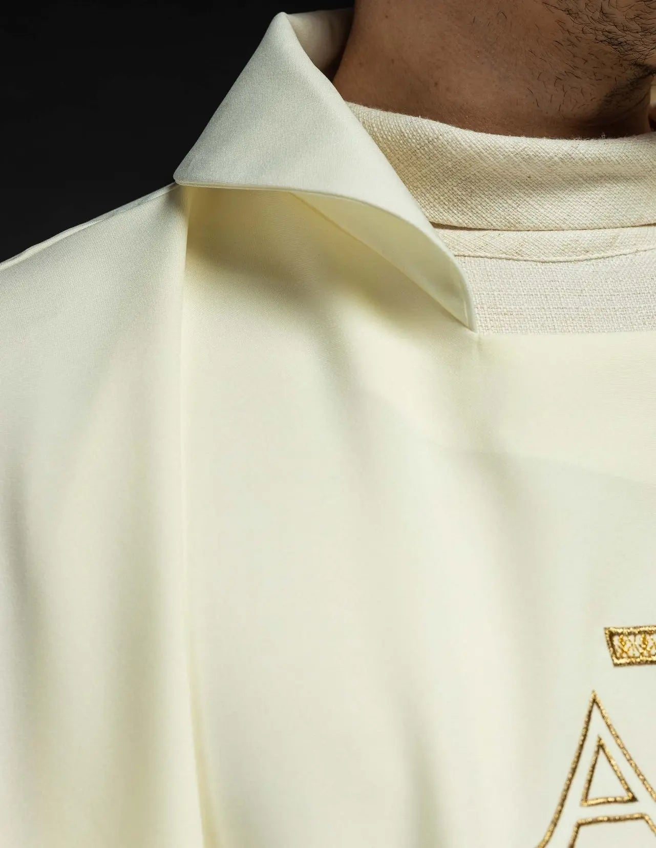 Embroidered Chasuble with Alpha and Omega Symbol and Wide Collar – Ecru