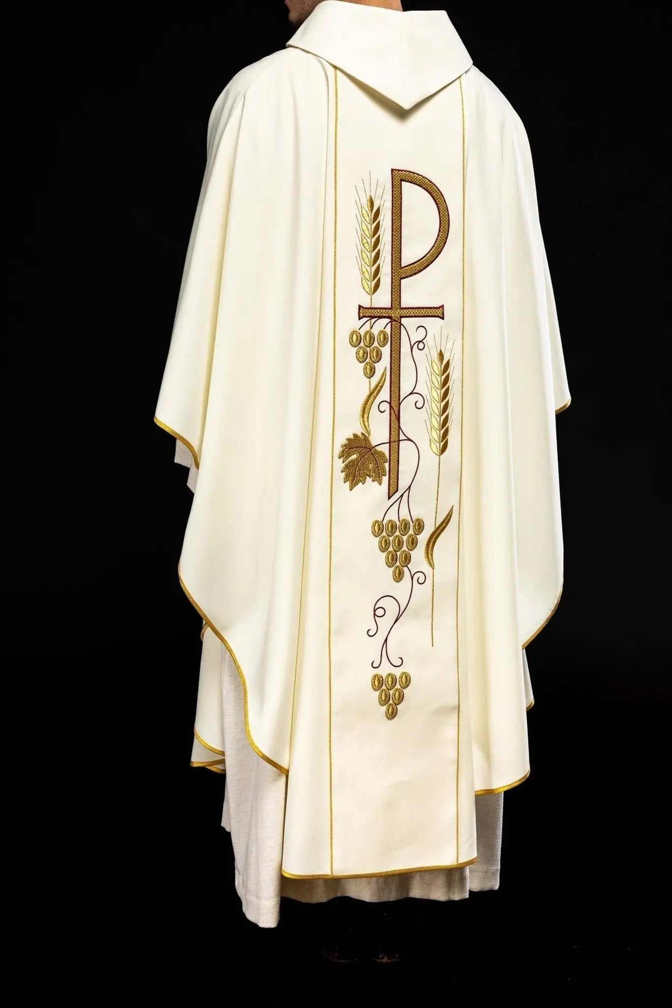 Embroidered chasuble with IHS chalice design in ecru