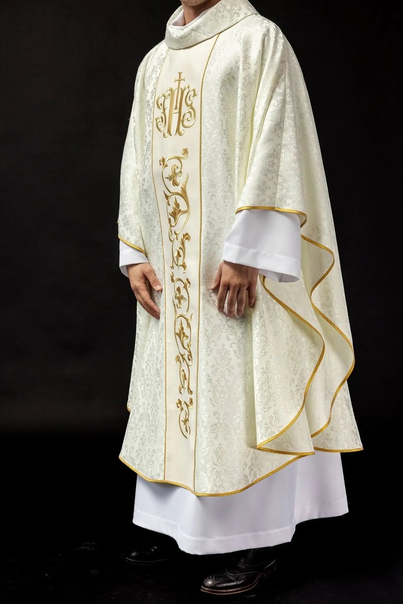 Ecru liturgical chasuble with richly decorated IHS belt