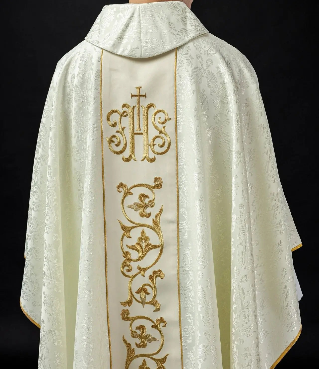 Ecru liturgical chasuble with richly decorated IHS belt
