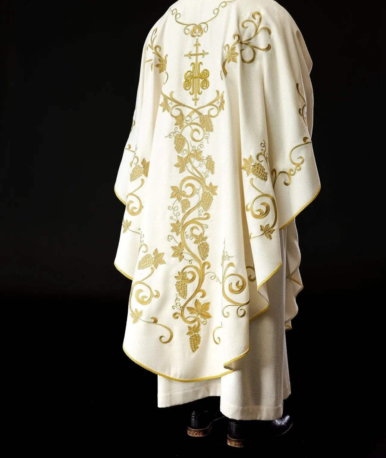 Liturgical Chasuble Embroidered with IHS and Grapevine Motifs in Ecru