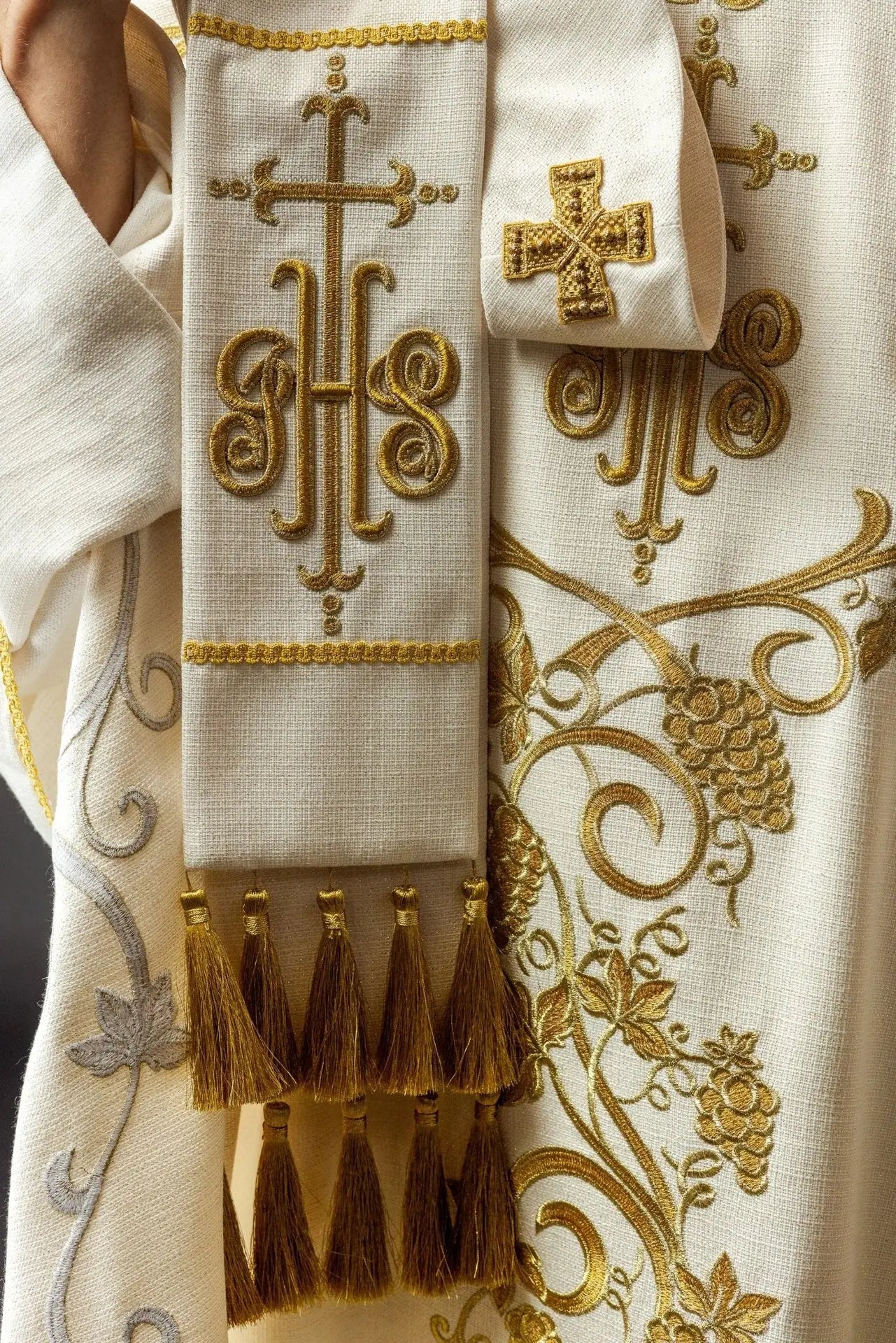 Liturgical Chasuble Embroidered with IHS and Grapevine Motifs in Ecru